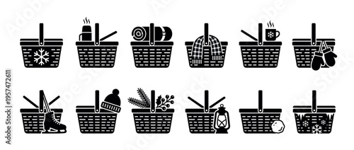 Winter baskets icons set featuring various seasonal items like snowflakes, thermos, scarves, mittens, and ice skates, perfect for cold weather themes