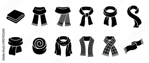Collection of various scarves and winter clothing accessories depicting different styles and ways to wear them as fashion elements.