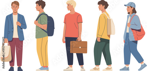 Group of diverse young professionals and students standing with different stylish bags, backpacks, satchels, briefcases, totes, sling bags, casual fashion