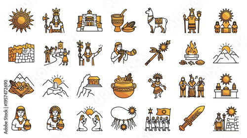 Incan Empire Icon Set in Gold Linear Style. A collection of Incan heritage linear icons, including sun god, emperor, llama, temple, flute, mountains, maize, pottery, warrior, ritual