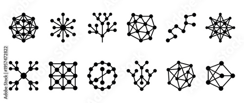 Network icons collection illustrating various abstract connection concepts, data structures, and technological relationships in a modern graphic style.