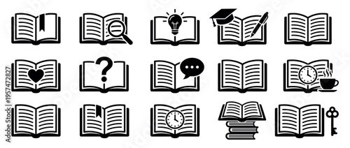 Book icons representing various concepts of reading, learning, knowledge, education, and literary exploration in a simple graphic style.
