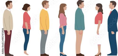 Flat illustration showing six pairs of diverse individuals standing side by side, comparing height, posture, fashion styles, and human proportions