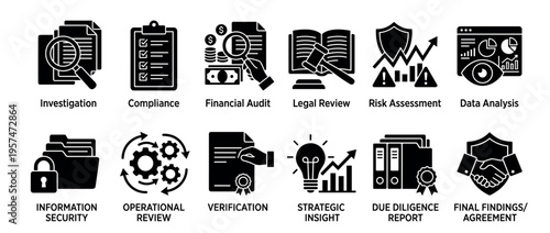 Business process, legal, financial, and data analysis icons representing various corporate operations and strategic insights, including investigation, compliance, and risk assessment.
