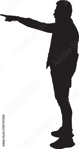 vector, silhouette of a front side view of a modern retired man standing pointing front on white background