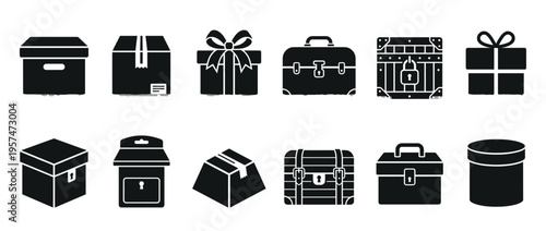 Set of diverse box, package, and container icons, including gifts, chests, and suitcases, in a minimalist silhouette design for various concepts.