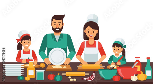 Happy family cooking together in the kitchen, preparing a meal with parents and children.