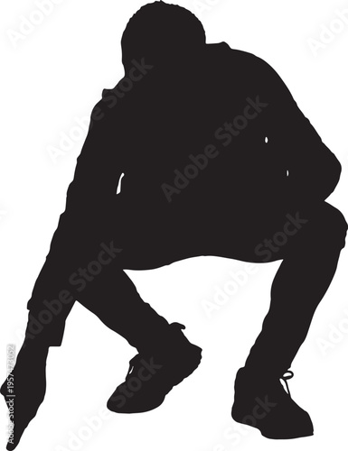 vector,silhouette of  front view of a mature man squatting and pointing at the ground