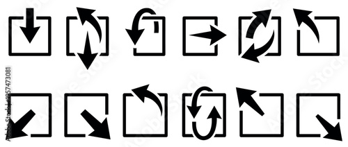 Set of black arrow icons within square frames representing common user interface actions like download, upload, expand, and refresh.