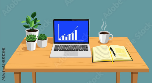Laptop with growth chart, coffee, plants, and notebook on a wooden desk.