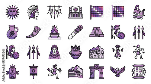 Inca Empire Icon Set in Purple Style. A collection of linear icons representing ancient culture, including Inti, Machu Picchu, Quipu, Sapa Inca, Tumi, Sun Gate, and more. Inca, Peru, Editable Stroke.