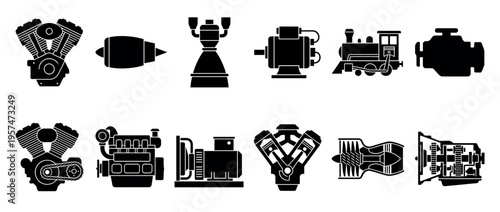 Engines and motors vector icons set representing various types of power units for different vehicles and machinery.