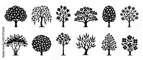 Stylized collection of flowering trees and bushes in black silhouette, representing nature, spring, and growth, perfect for decorative designs.