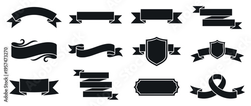 Collection of black silhouette banners, ribbons, and decorative shields for design elements and labels.
