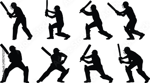 Cricket batting silhouettes collection, players in dynamic stances, helmeted batsmen swinging bats, sports training, vector illustration for stock design