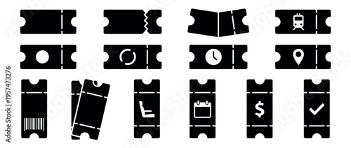 Collection of black silhouette ticket icons featuring symbols for travel, events, and various types of passes.