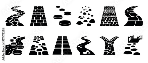 Various paths, walkways, stepping stones, and bridge silhouettes illustrating different designs and textures for outdoor landscaping and navigation.