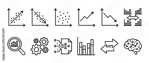 Data analysis icons set representing business intelligence and machine learning concepts for statistical visualization and digital processing.