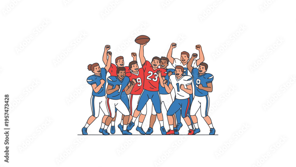 Fototapeta premium American Football Players Cheering and Holding Ball Illustration