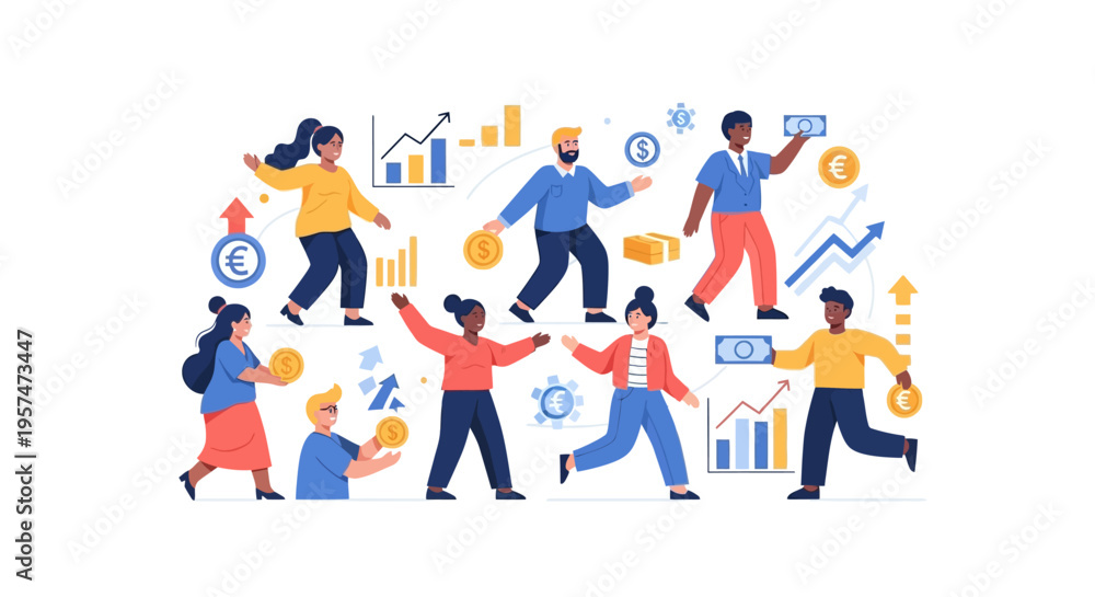 Fototapeta premium Diverse People Achieving Financial Growth & Investment Success with Money, Markets, and Positive Economic Trends