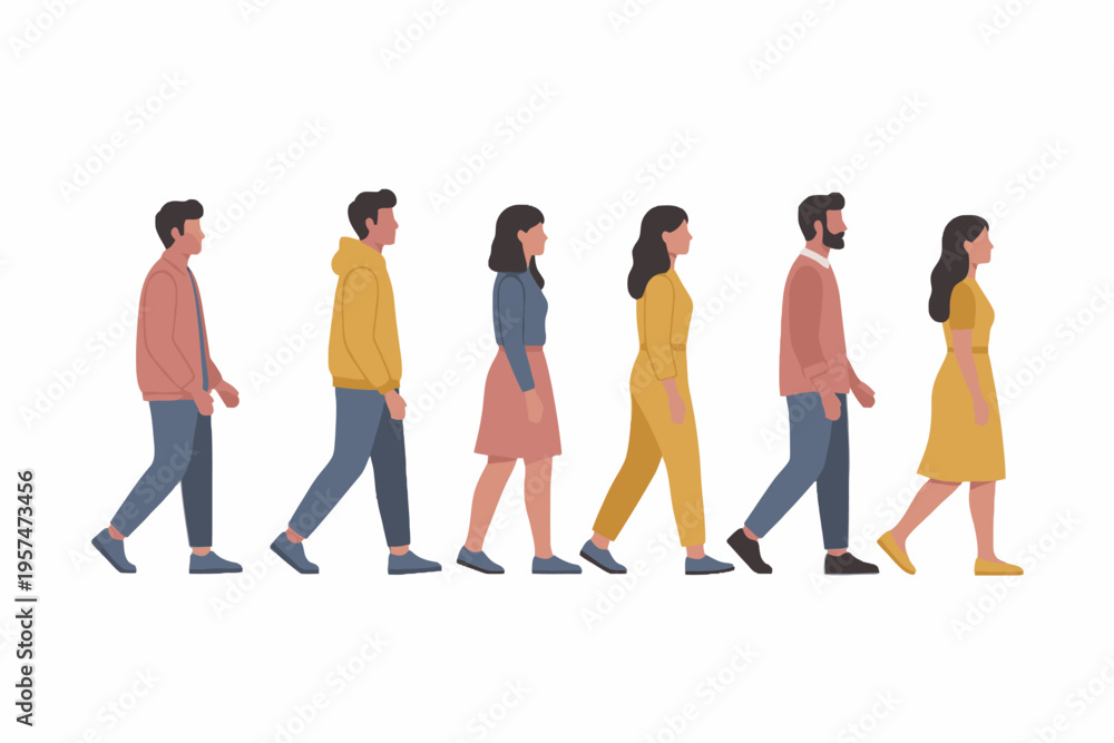 Obraz premium Diverse group of people walking in a line vector illustration
