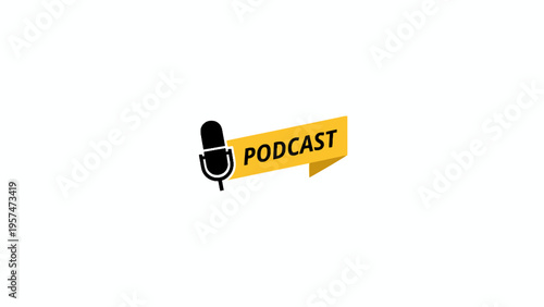 Podcast microphone icon with yellow banner on white background