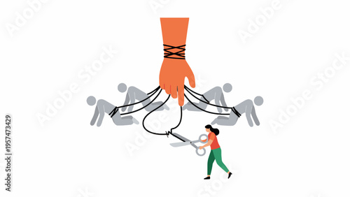 Woman cutting puppet strings to liberate people from giant hand