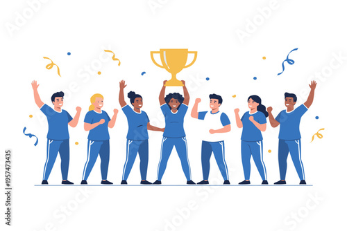 Diverse sports team cheering and holding championship trophy cup