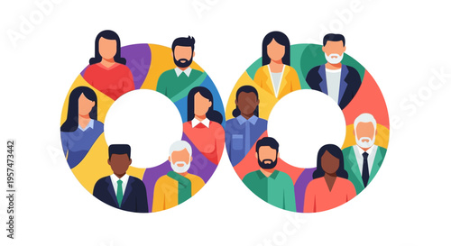 Diverse Group of People Forming Connected Community Circles - Global Teamwork & Inclusion Flat Vector Illustration