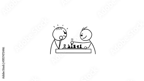 Stick figures playing chess game cartoon on white background