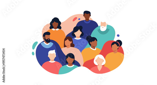 Diverse People Group Flat Design Illustration. Multicultural Community and Teamwork Concept. Social Connection and Global Collaboration.