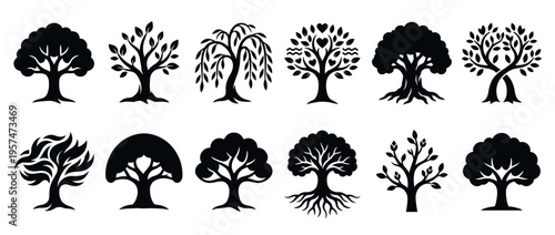 Tree icons collection featuring diverse shapes and styles of natural foliage and trunks, representing growth, life, and environmental concepts.