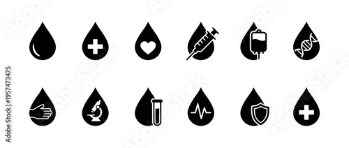 Blood drop medical icons set representing various health, donation, and laboratory concepts in a clean, modern silhouette style.