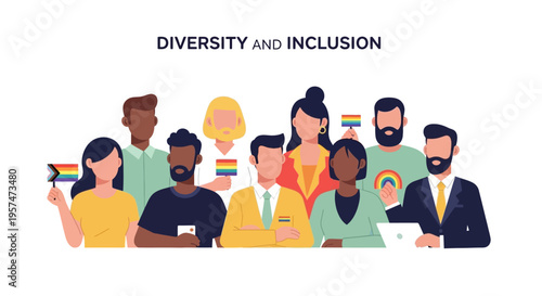 Diverse Group Celebrating Inclusion, Equity, and LGBTQ+ Pride - Flat Illustration of Multicultural Community and Workforce