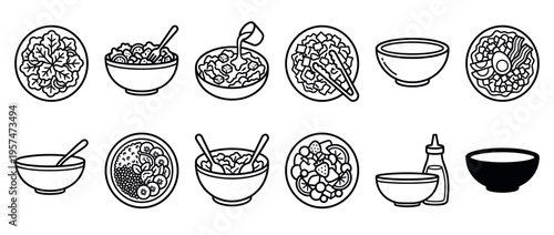 Collection of various healthy food bowls and empty dishes, including fresh salads, fruit mixes, and serving utensils in a clean line art style.