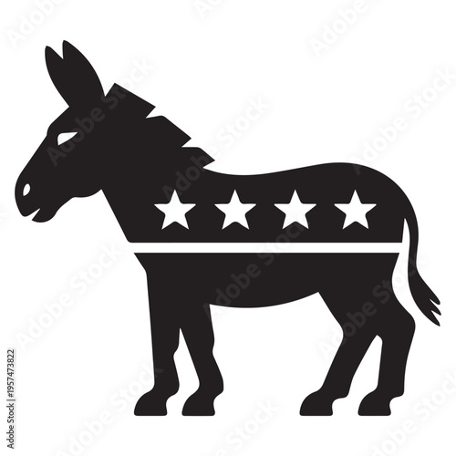 Black silhouette of a Democratic donkey with five white stars and a stripe, political symbol vector illustration