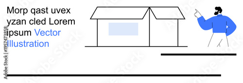 Architecture, creative design, digital presentations, education, property concepts, visual storytelling. A man points to a simplified house structure alongside stylized text. Architecture