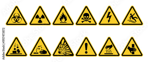Collection of yellow triangular warning signs with various hazard symbols for safety, danger, and caution alerts in industrial and public settings.