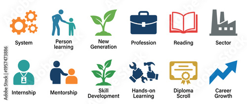 Collection of colorful icons representing education, career, and personal development concepts like learning, mentorship, and professional growth.
