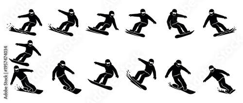 Snowboarders performing various dynamic actions and tricks on their boards, illustrating winter sports and extreme recreation.