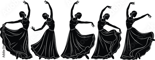 Flamenco dancer silhouette set, elegant woman dancing in traditional Spanish dress isolated vector illustration collection