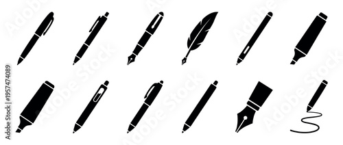 Pens, writing instruments, markers, and quill pen icons representing a comprehensive set of various stationery tools for office and school supplies.