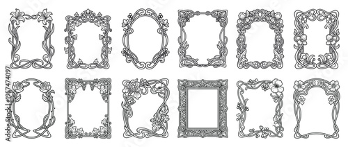 Decorative Art Nouveau frames set featuring various elegant floral and organic motifs for vintage design projects and invitations.