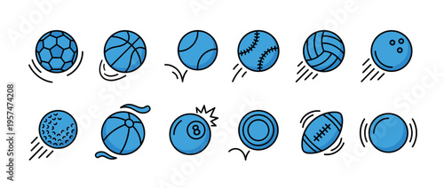 Collection of various blue sports balls for different games and activities, depicted in a modern flat line art style with motion effects.