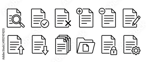 Outline document icons representing various file management tasks like searching, adding, editing, uploading, downloading, and securing documents.