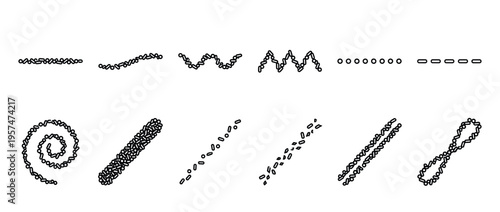 Sprinkle lines and abstract shapes forming various patterns like spirals, waves, and dashes in a minimalist black outline style.