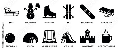 Winter activities and items icon set featuring sleds, snowmen, skis, snowboards, igloos, and hot cocoa mugs for seasonal recreation.