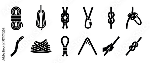 Ropes, knots, and climbing equipment vector icons illustrating various uses and configurations for safety and outdoor activities.