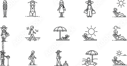 Summer vacation and beach activities icons set with sunbathing, walking, отдых, отдых на пляже outline vector illustration collection