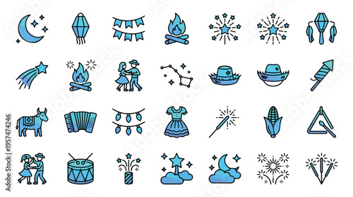 Festa Junina Festival Icon Set in Linear Gradient Style. A collection of June Celebration Linear Icons, including lantern, bonfire, straw hat, accordion, corn, fireworks, and more. Editable stroke.